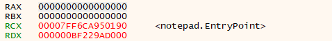 notepad进程中寄存器的值